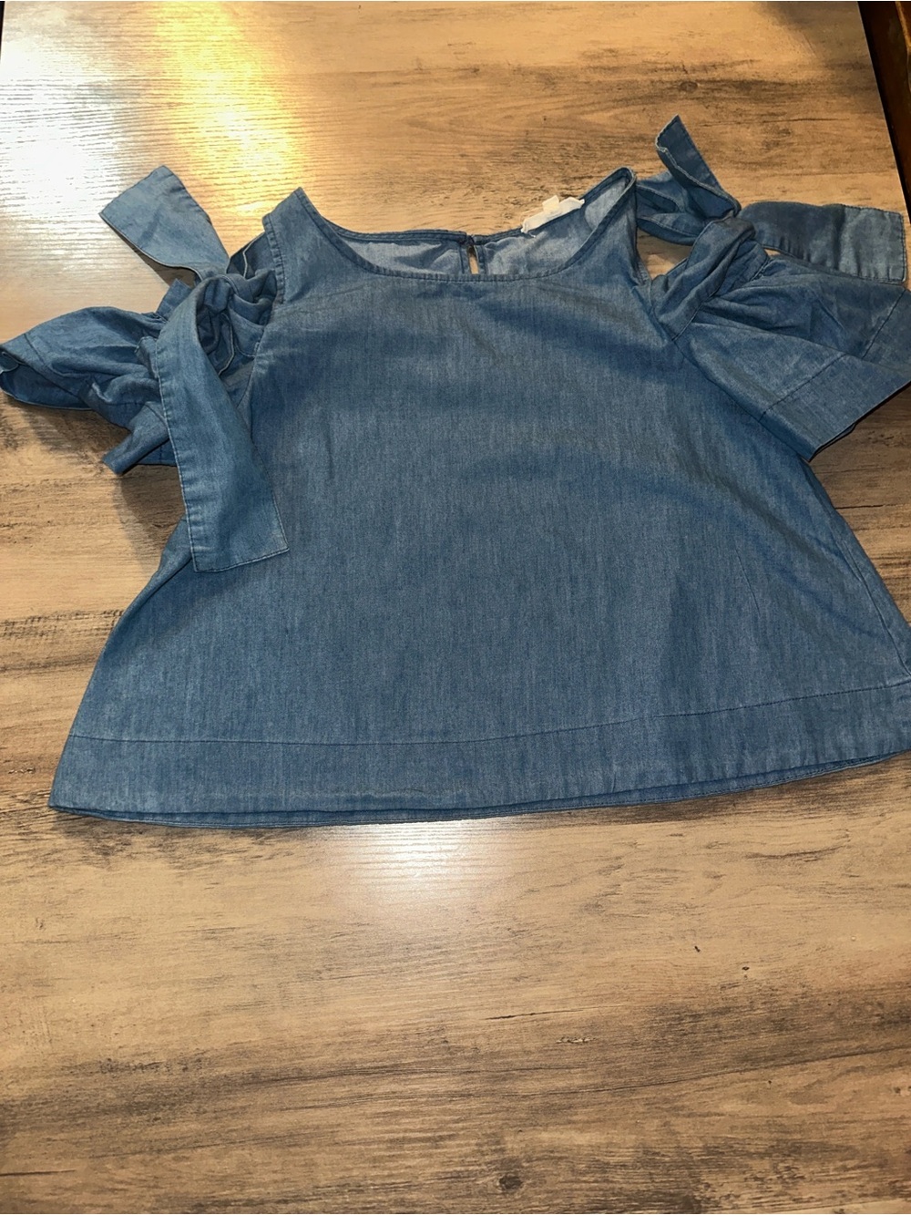 Denim Cold-Shoulder Tie-Sleeve Women's Top